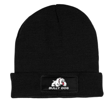 Bully Dog knit beanie hat with embroidered logo patch